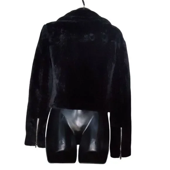 L'AGENCE Fur Moto Biker Crop Jacket Black New